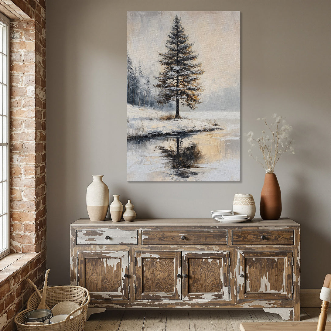 Framed Wall Art: Winter landscape Canvas Print with a serene, neutral color palette. Perfect for adding a touch of nature-inspired art to your dining room.