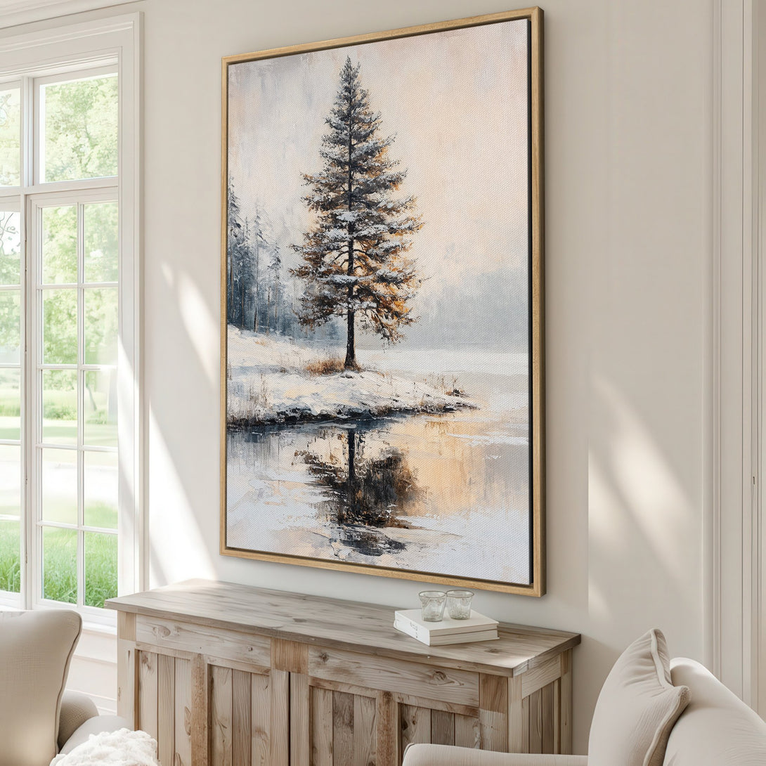 Canvas Print of a serene winter landscape painting. Features a lone tree in a muted, neutral color palette with gold accents. Perfect for home decor.