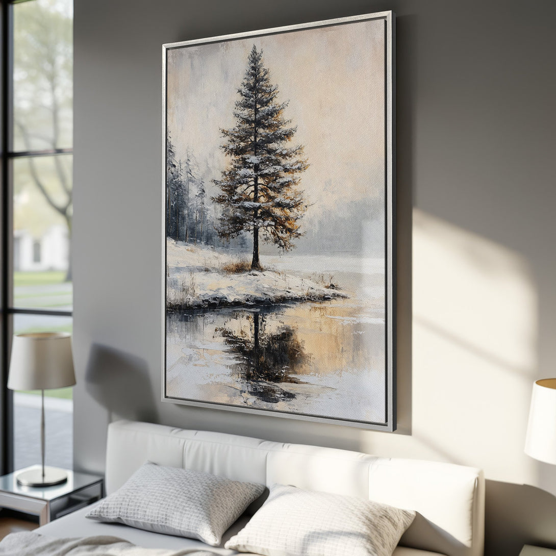 Framed Wall Art: Winter landscape Canvas Print with a serene tree scene in neutral tones. Perfect for adding a touch of nature and tranquility to your home decor.