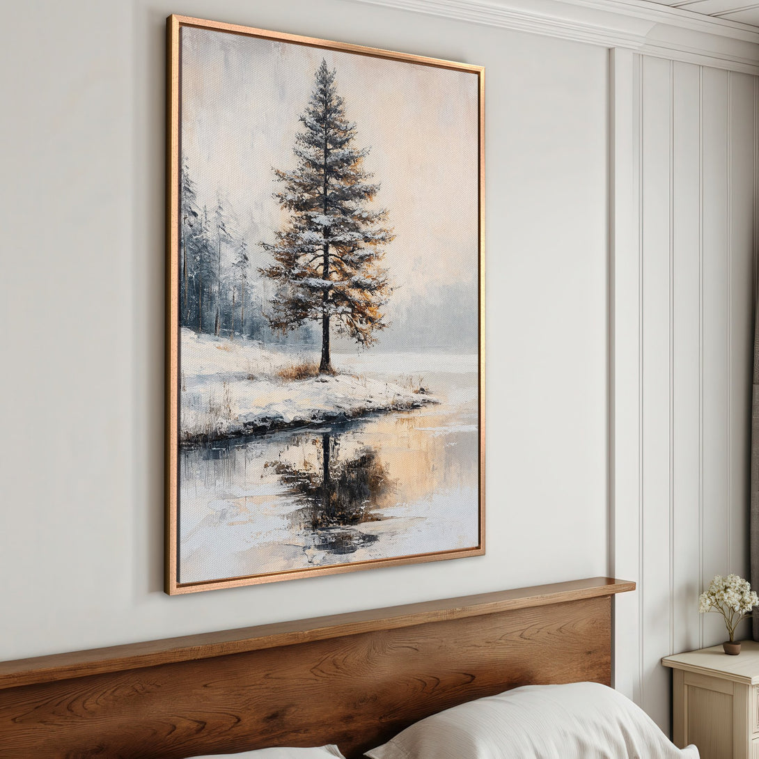 Framed Wall Art: Winter landscape canvas print with a serene, impressionistic style. Features a snowy forest scene in a muted blue and gold color palette.