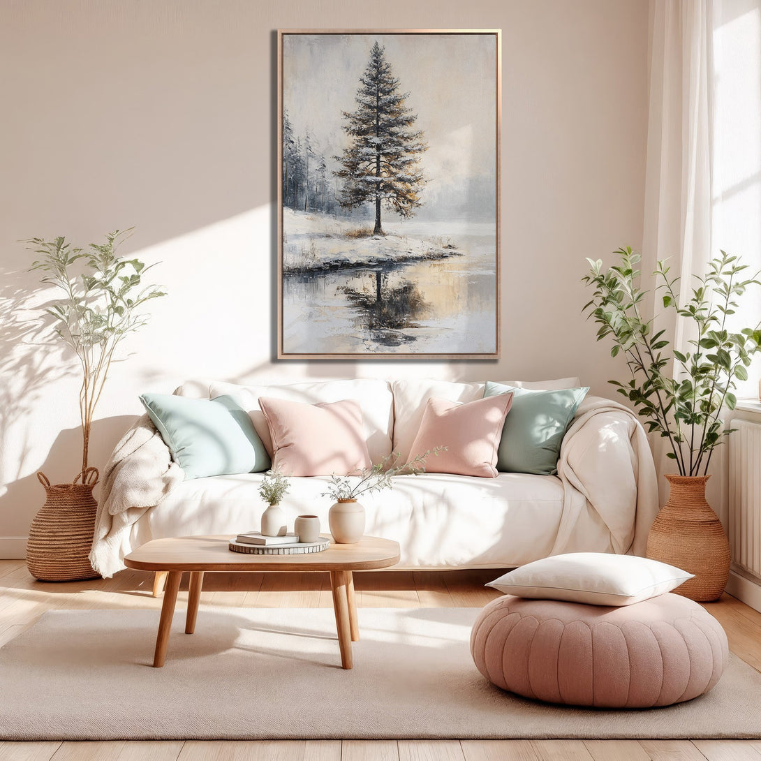 Framed Wall Art: Serene winter landscape canvas print in neutral tones, perfect for adding a touch of nature and tranquility to your living room decor.
