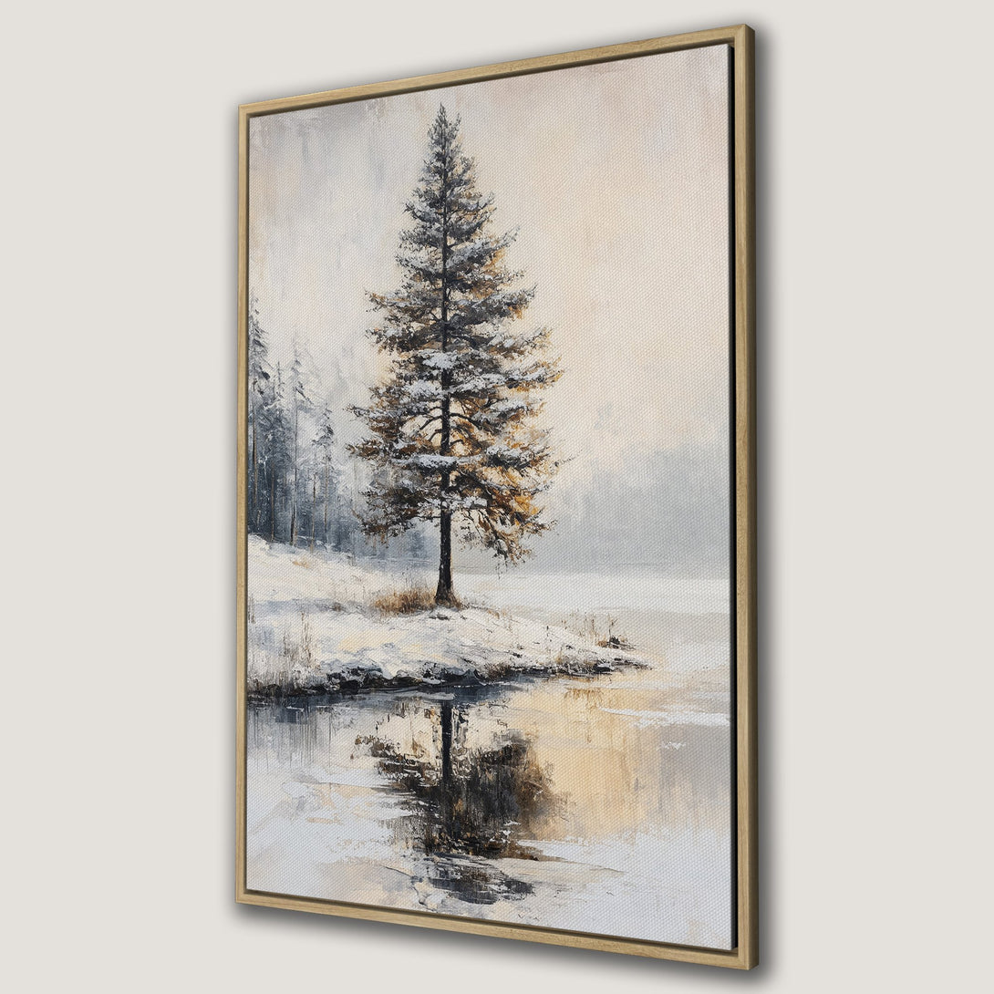Framed Wall Art featuring a serene winter landscape with a snow-covered tree and muted neutral color palette. Perfect for adding a touch of nature to your decor.