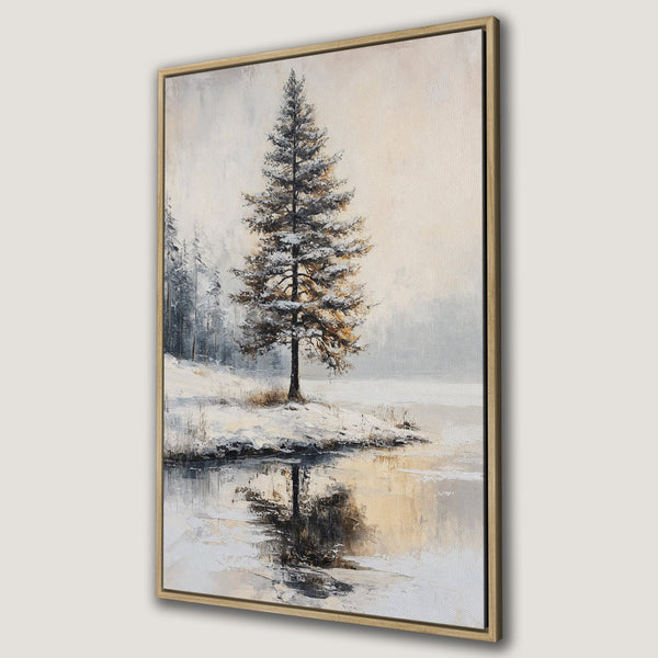 Framed Wall Art featuring a serene winter landscape with a snow-covered tree and muted neutral color palette. Perfect for adding a touch of nature to your decor.