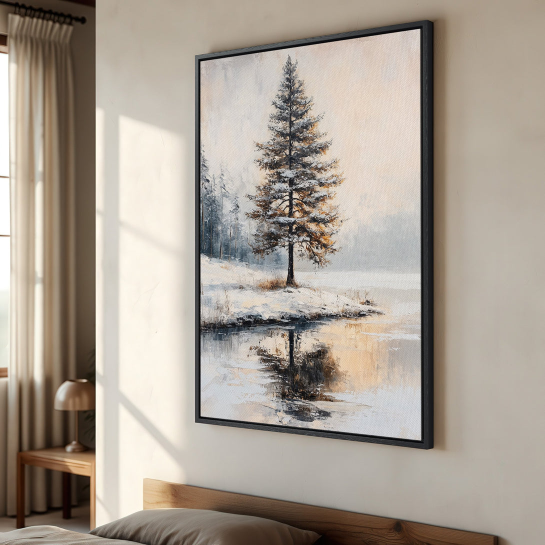 Framed Wall Art: Serene winter landscape canvas print with a snowy tree and muted neutral color palette, perfect for adding a touch of nature to your home.
