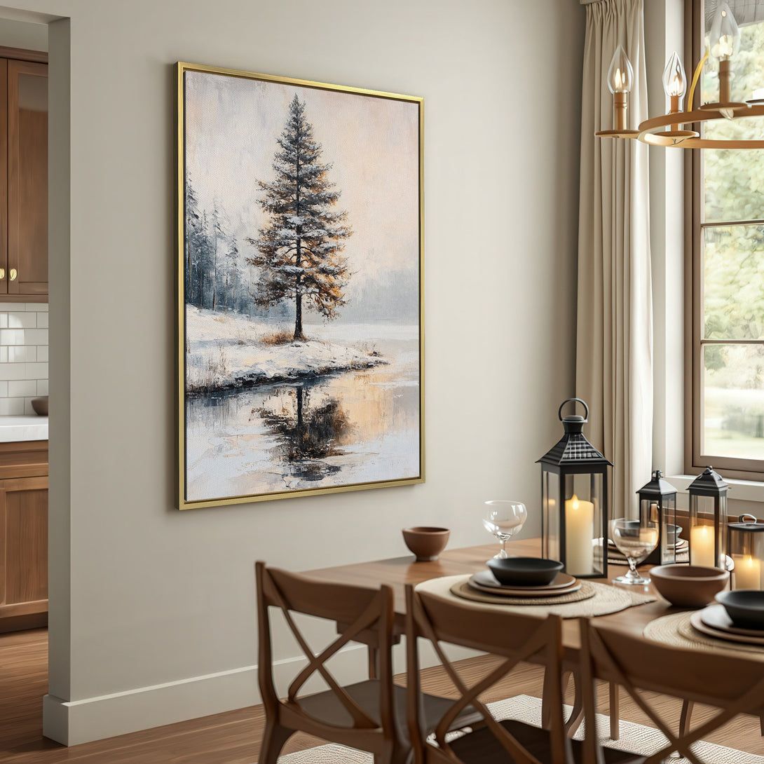 Canvas Print of a serene winter landscape with a lone tree, featuring a neutral color palette. Perfect wall art for a cozy home.