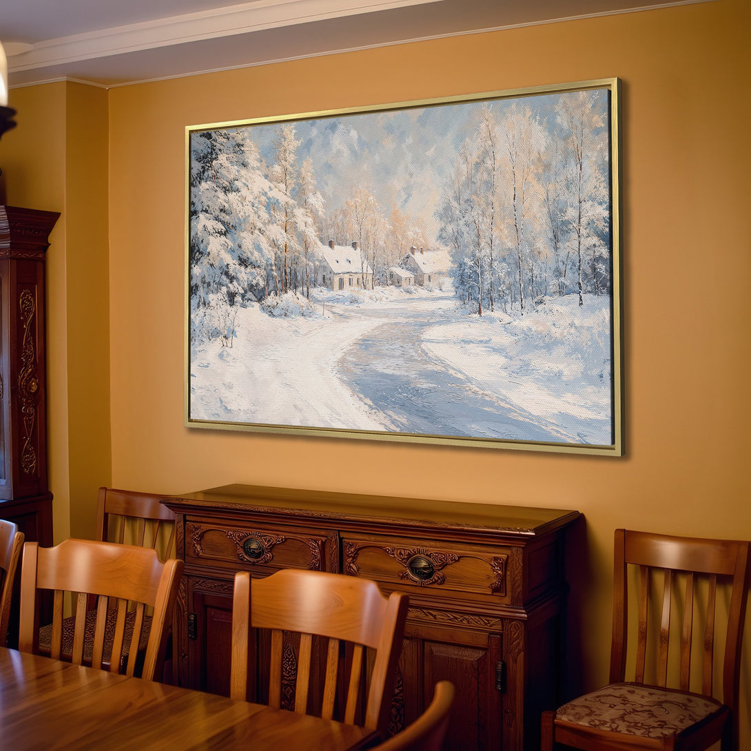 Canvas Print of a winter landscape painting in blue and white hues. Rustic style wall art perfect for living room decor.