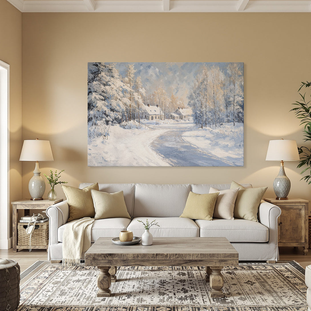 Framed Wall Art: Winter landscape Canvas Print with snowy road, trees, and houses. Soft blue, white, and gold color palette. Perfect for cozy decor.