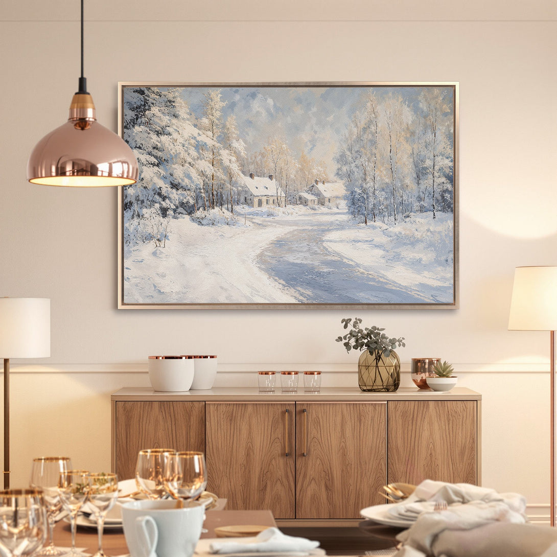 Framed Wall Art: Winter landscape painting in cool blues & whites. Bring the serene beauty of snow-covered trees & cottages into your home.