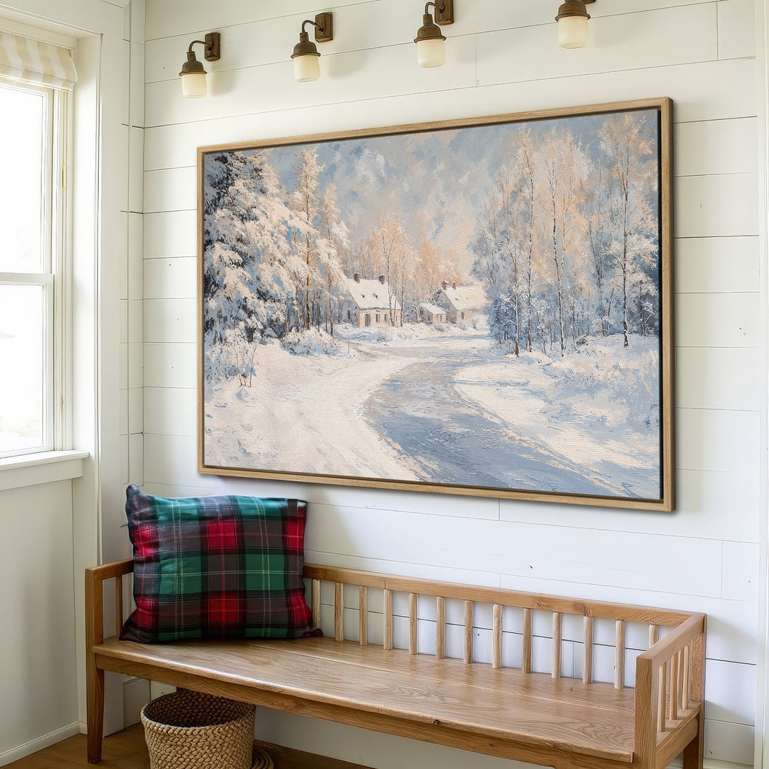 Framed Wall Art: Winter landscape canvas print in a cozy interior. Features a snowy scene with blue and white hues, perfect for adding a touch of nature.