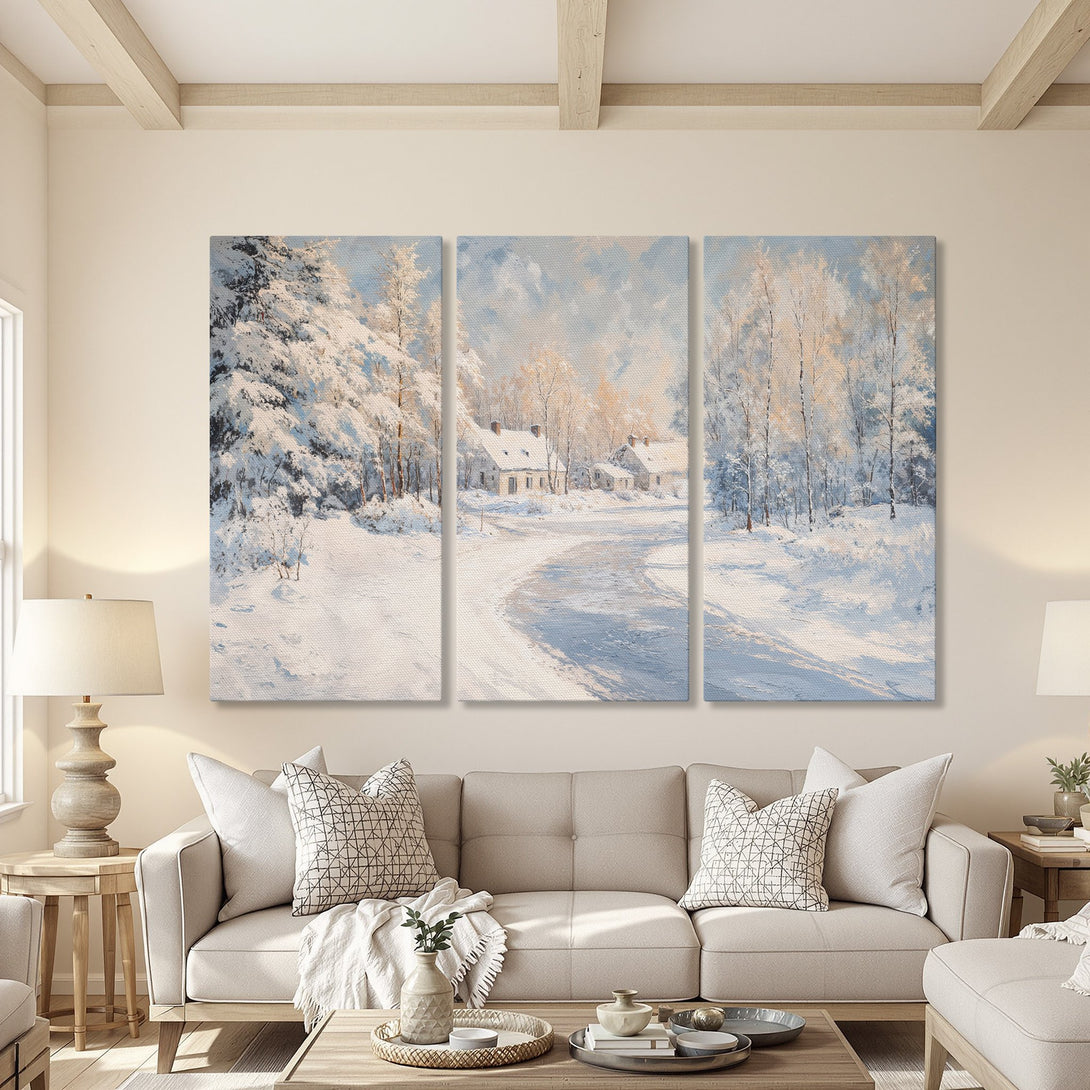 Canvas Print of a serene winter landscape painting in cool blues and whites, perfect for adding a touch of tranquility to your home.