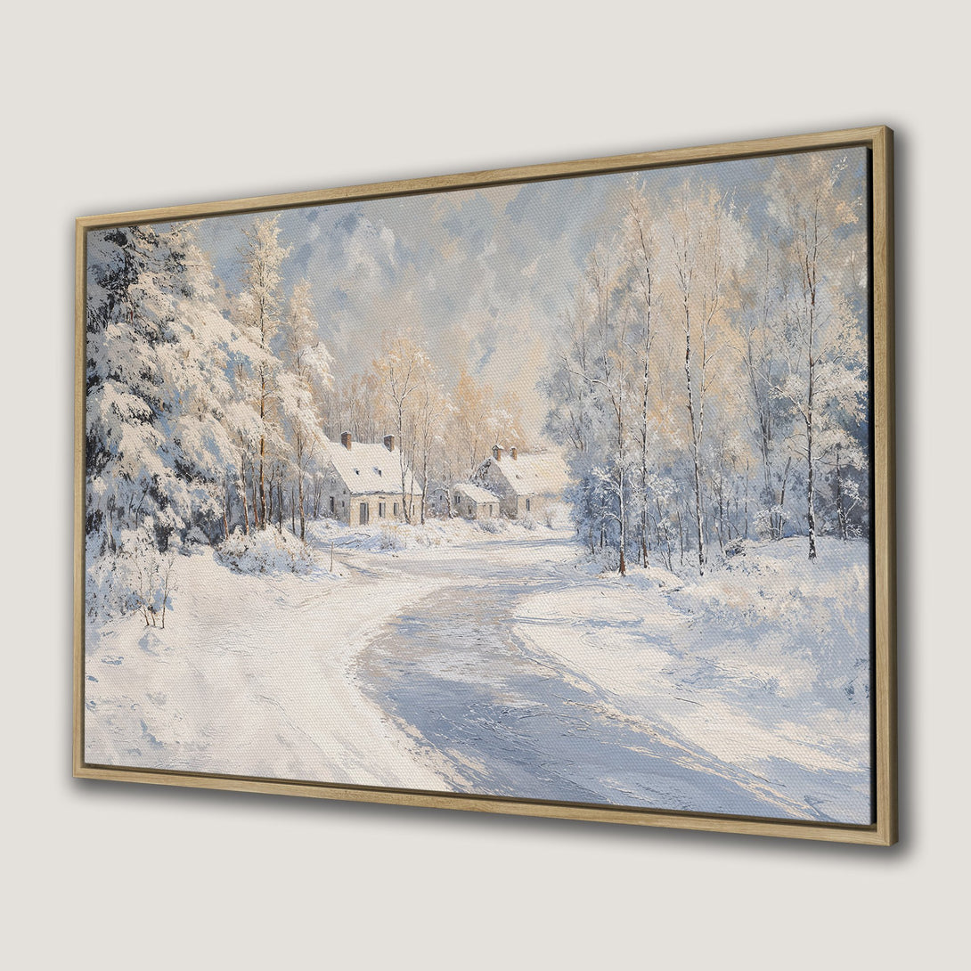 Framed Wall Art: Winter landscape Canvas Print with snowy scene, houses, and trees. Soft blue and white color palette. Perfect for cozy decor.