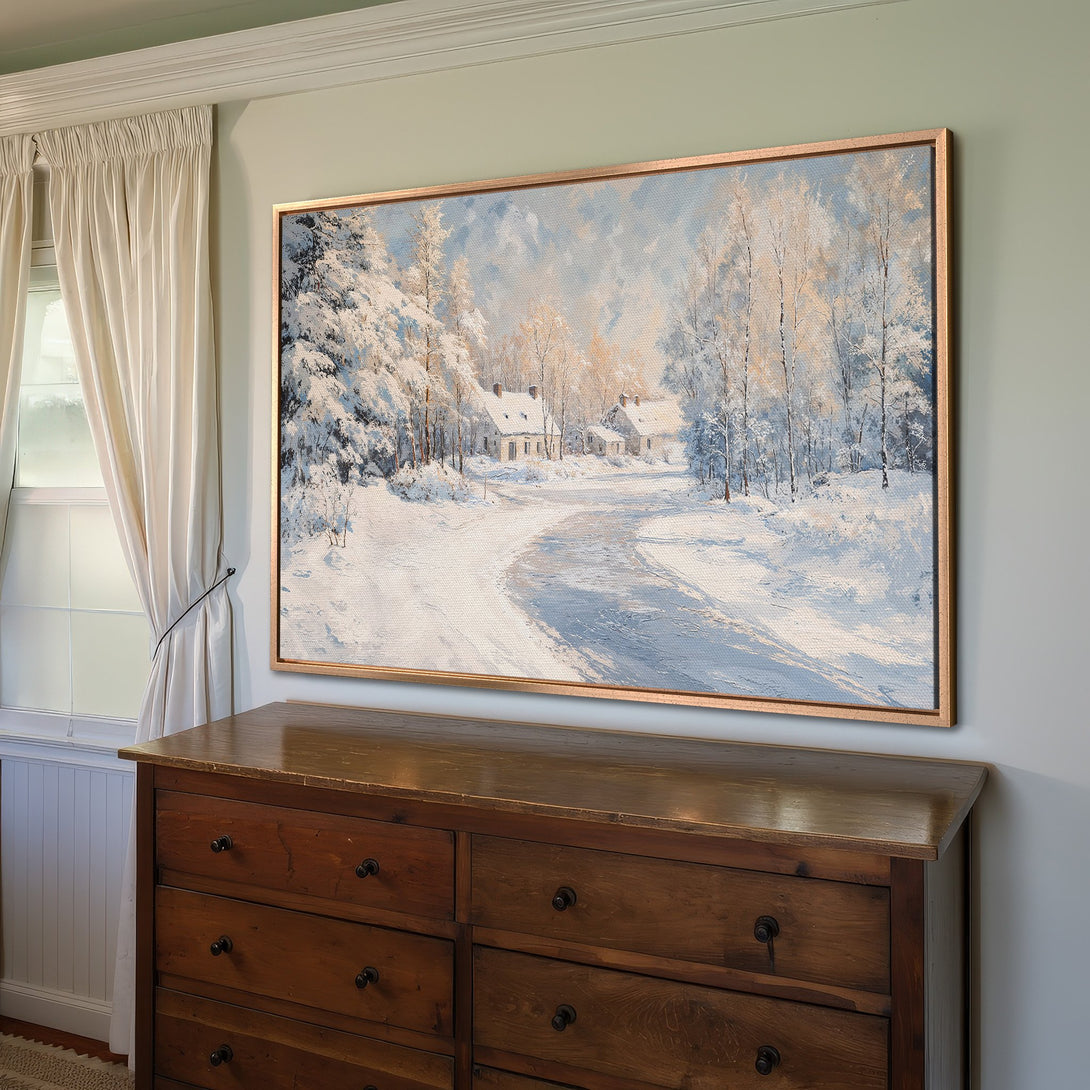 Framed Wall Art: Winter landscape Canvas Print in cool blue and white tones. Perfect for adding a touch of serene beauty to your home decor.