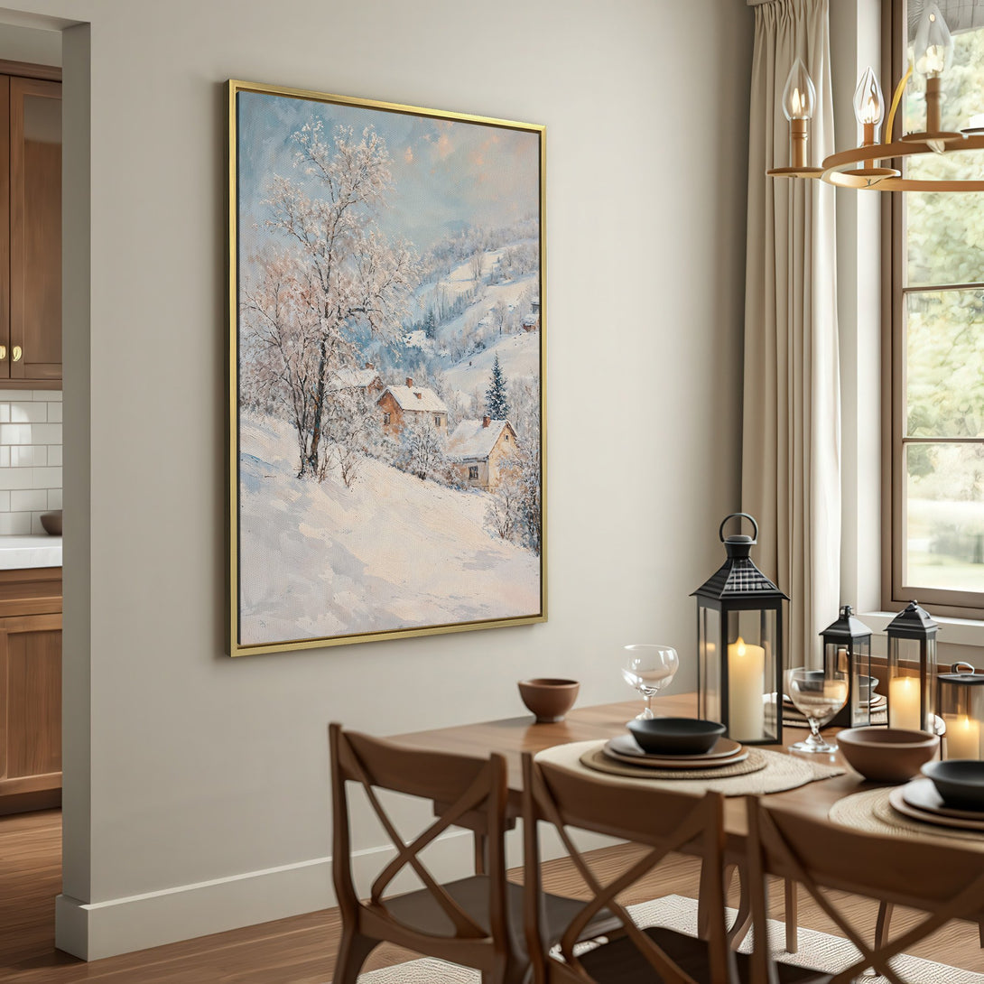 Canvas Print of a winter landscape in soft blues and whites, perfect for rustic home decor.