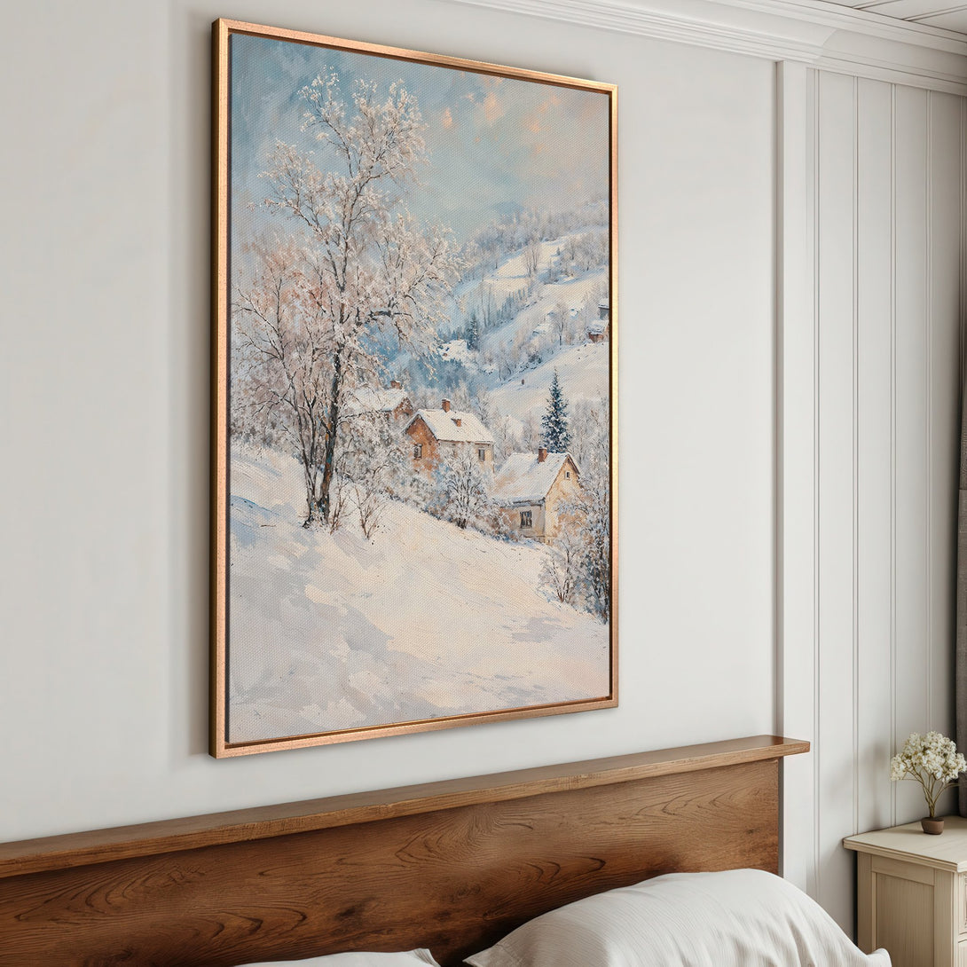 Framed Wall Art: Winter landscape painting with snow-covered houses and trees in a soft, pastel color palette. Perfect for adding a cozy touch to your home.