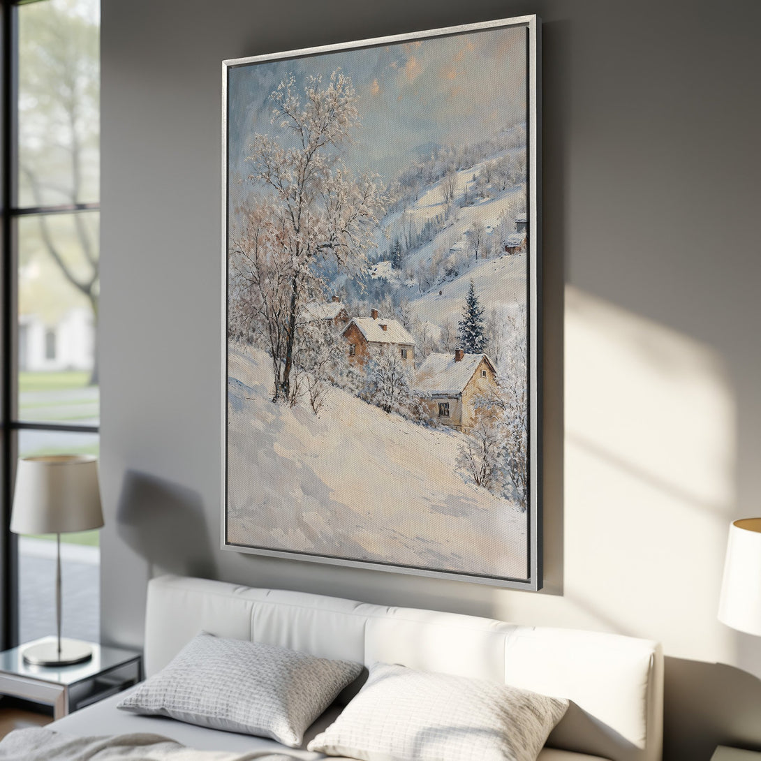 Framed Wall Art: Winter landscape painting in cool blues and whites. Bring the beauty of snow-covered hills and cozy cottages to your home.