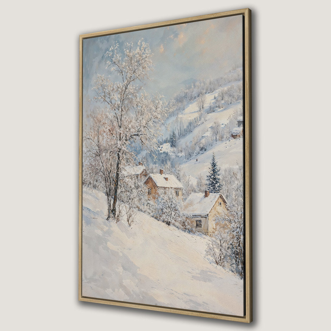 Framed Wall Art Canvas Print of a winter landscape painting. Features snow-covered houses, trees, and hills in a soft, muted color palette.
