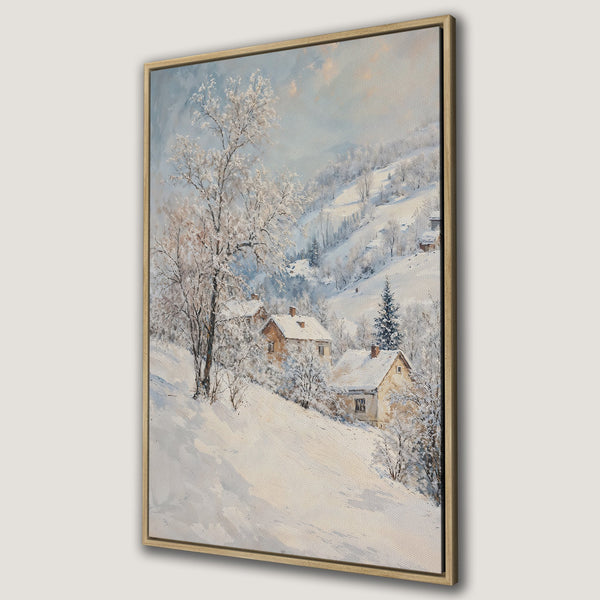 Framed Wall Art Canvas Print of a winter landscape painting. Features snow-covered houses, trees, and hills in a soft, muted color palette.