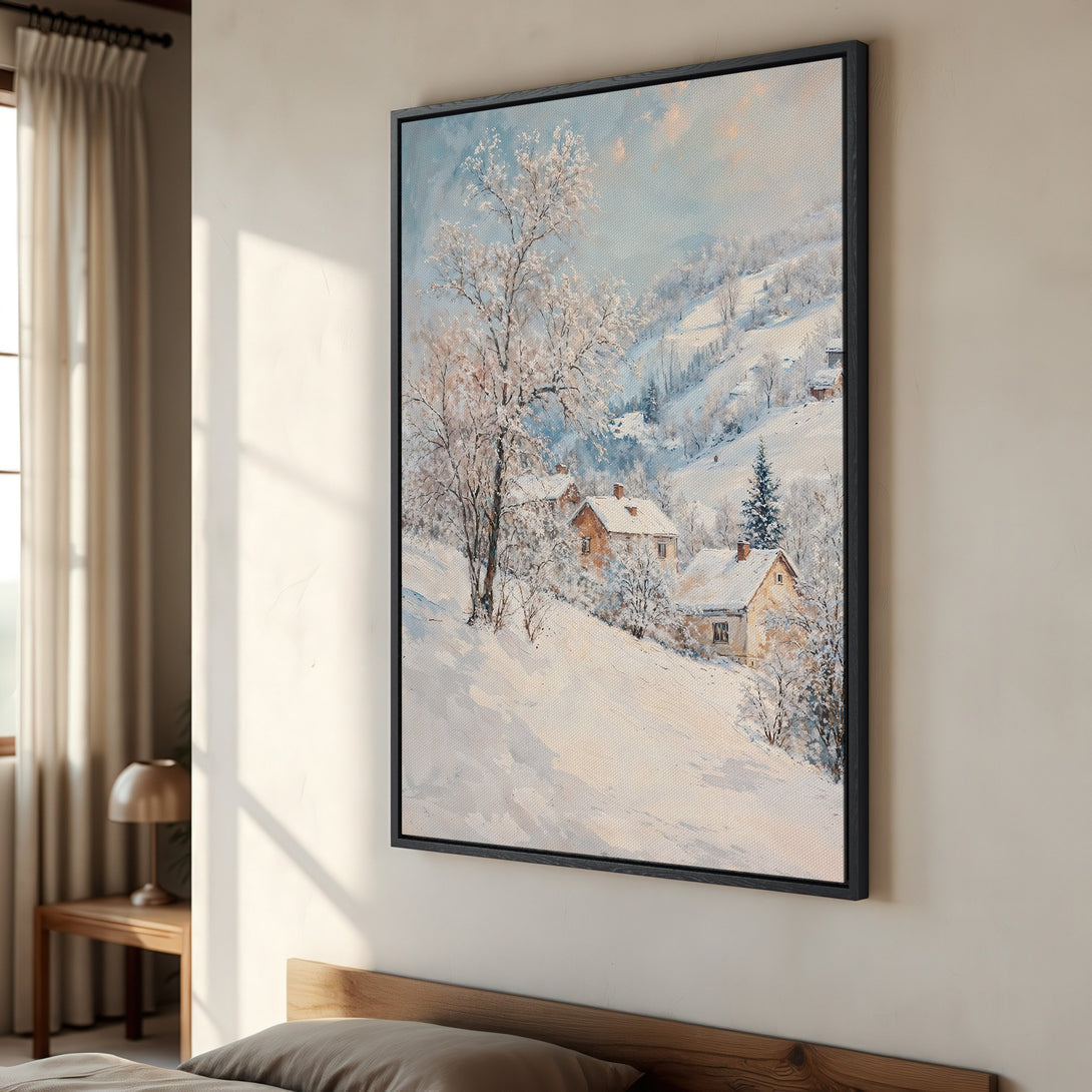 Framed Wall Art: Winter landscape Canvas Print in cool blue and white tones. Bring the serene beauty of a snowy village into your home.