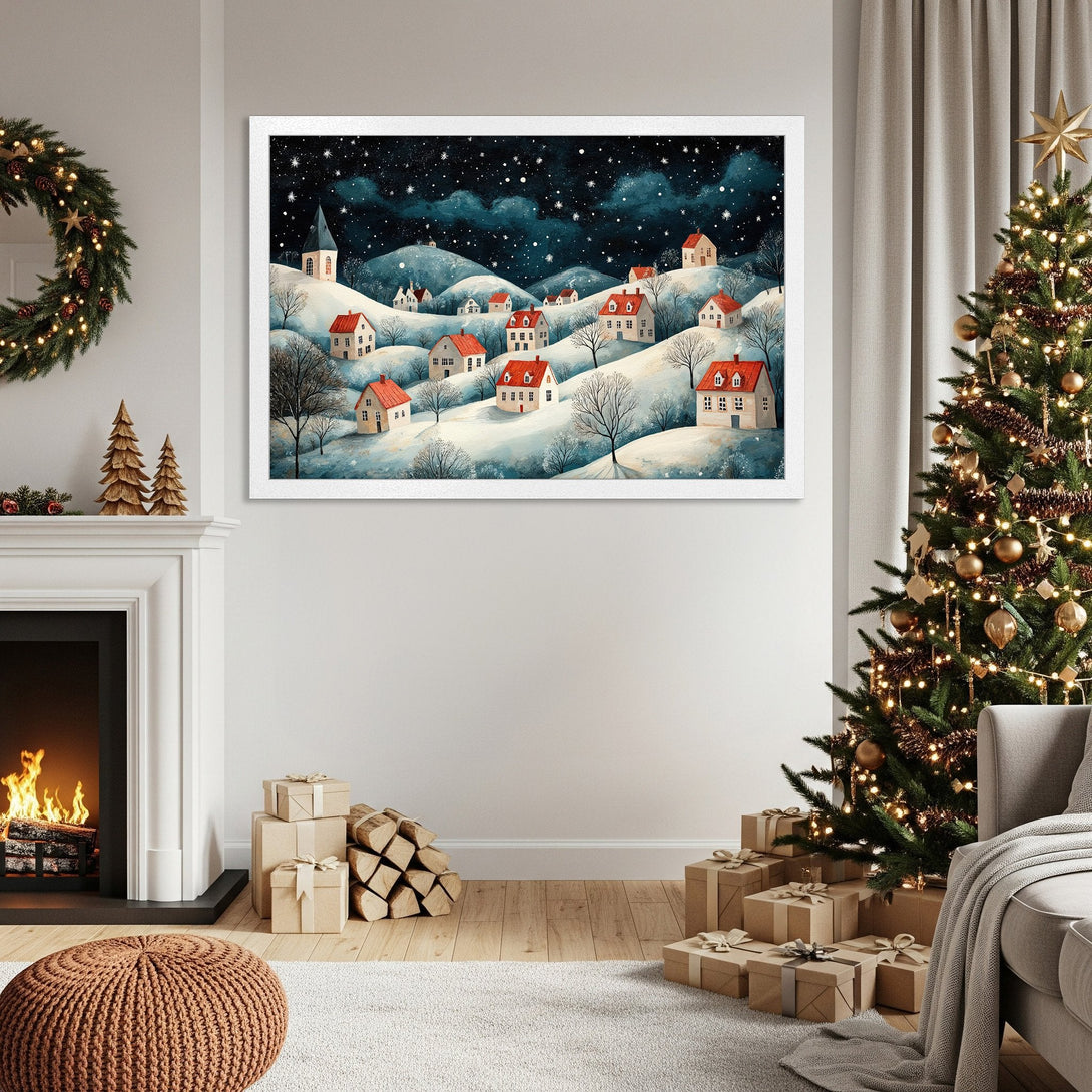 Framed Poster of a winter village scene. Whimsical style, blue, white, and red color palette. Perfect holiday decor.