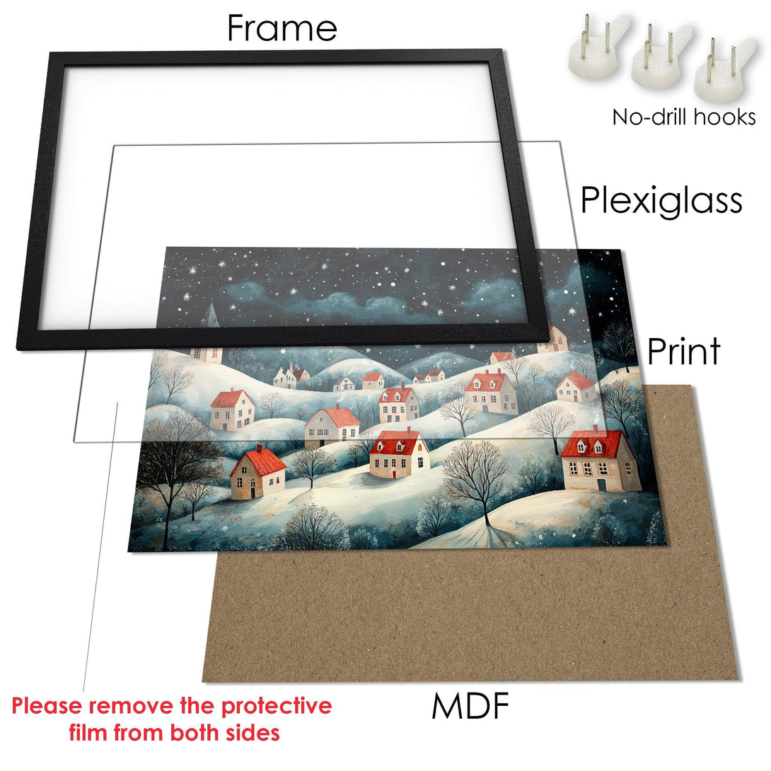 Framed Poster of a winter village scene in a watercolor style, featuring a blue and white color palette.