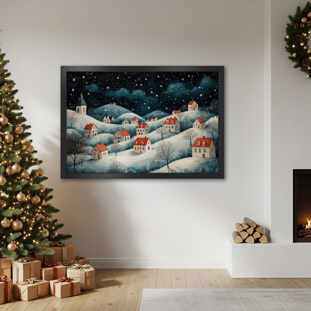 Framed Poster of a winter village scene in a whimsical style, featuring a blue and white color palette, perfect for holiday decor.