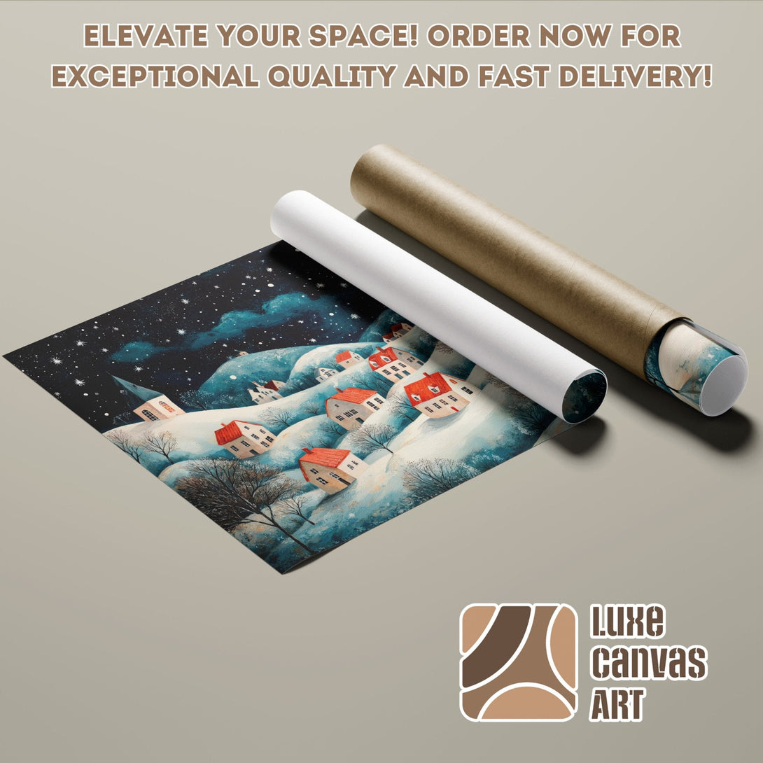 Winter village Poster Roll art print in blue, white, and red. Elevate your space!