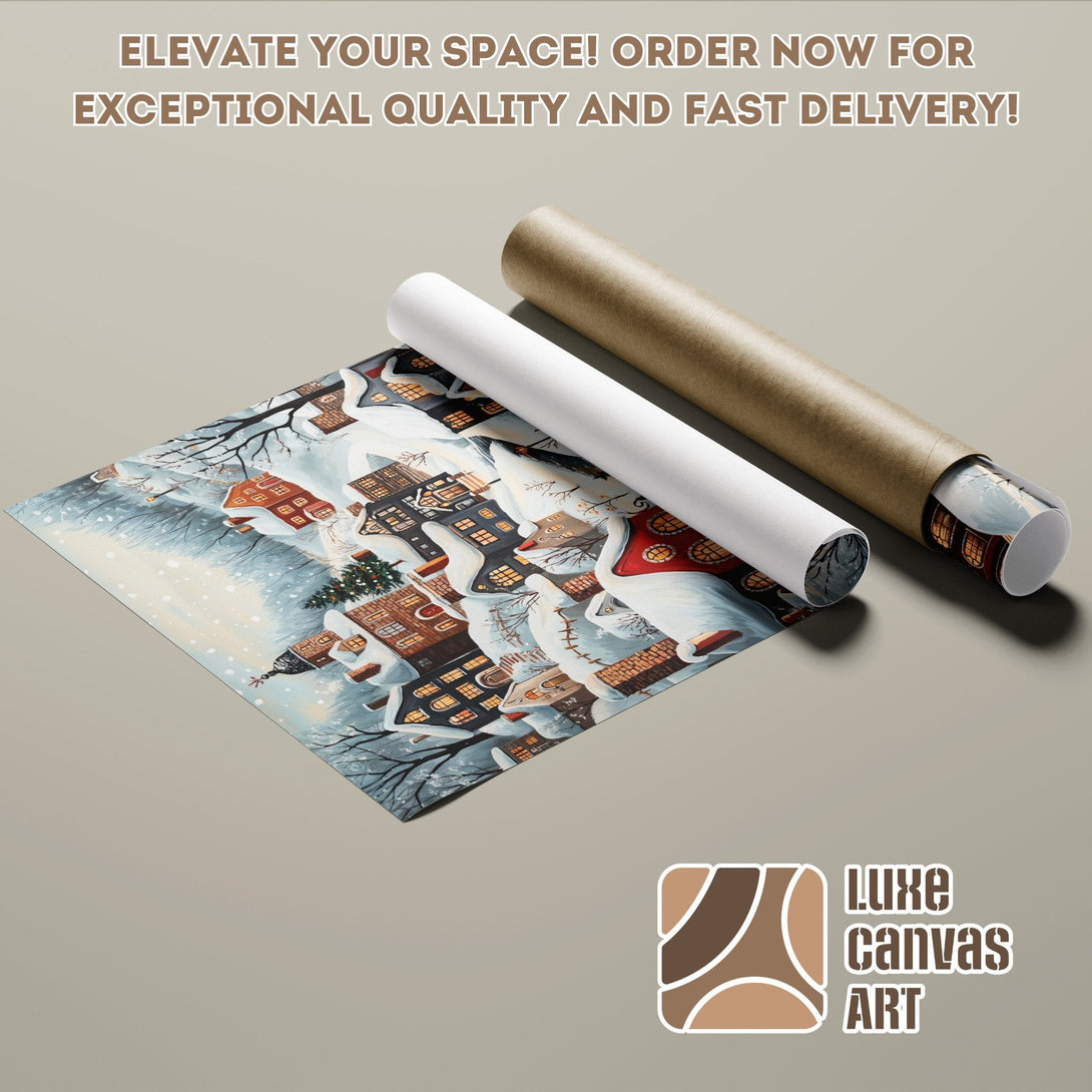 Poster Roll featuring a winter village scene, whimsical style, with a cool blue and warm brown palette.