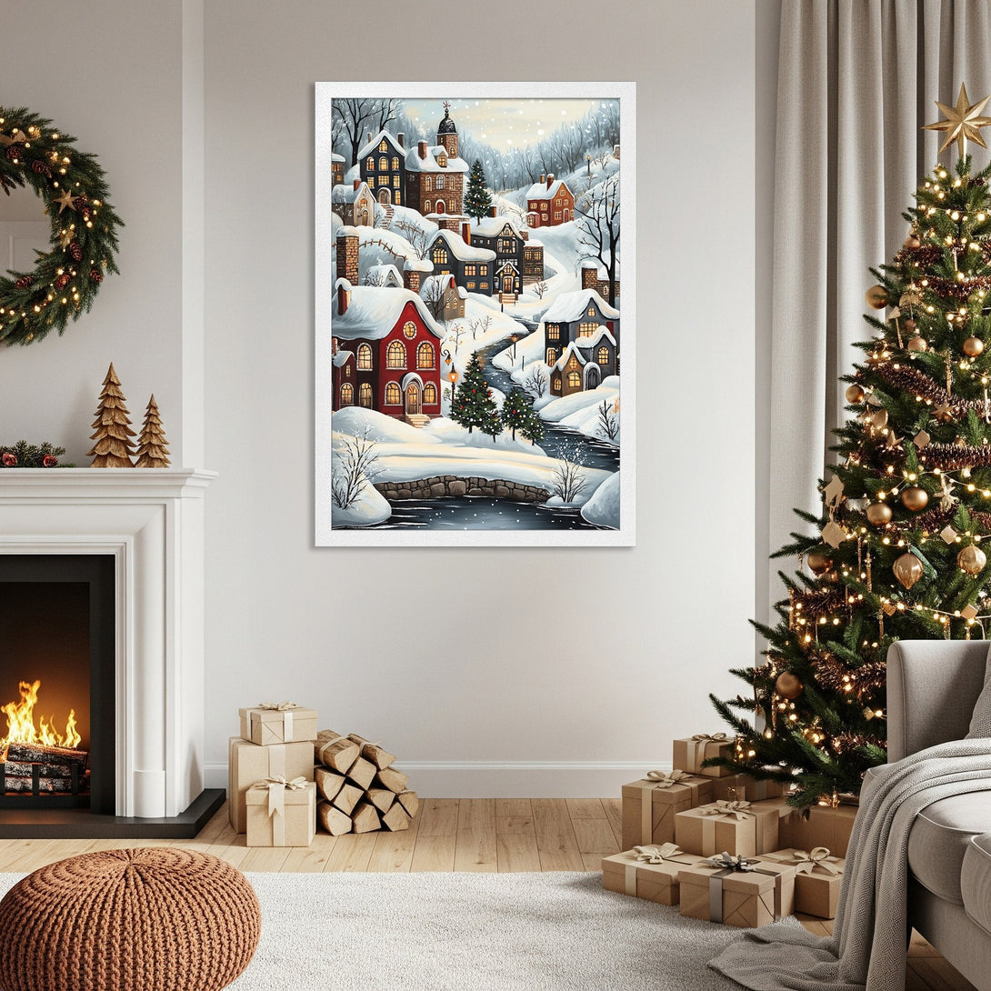 Framed Poster featuring a winter village scene in a cozy, illustrative style with a warm, inviting color palette.