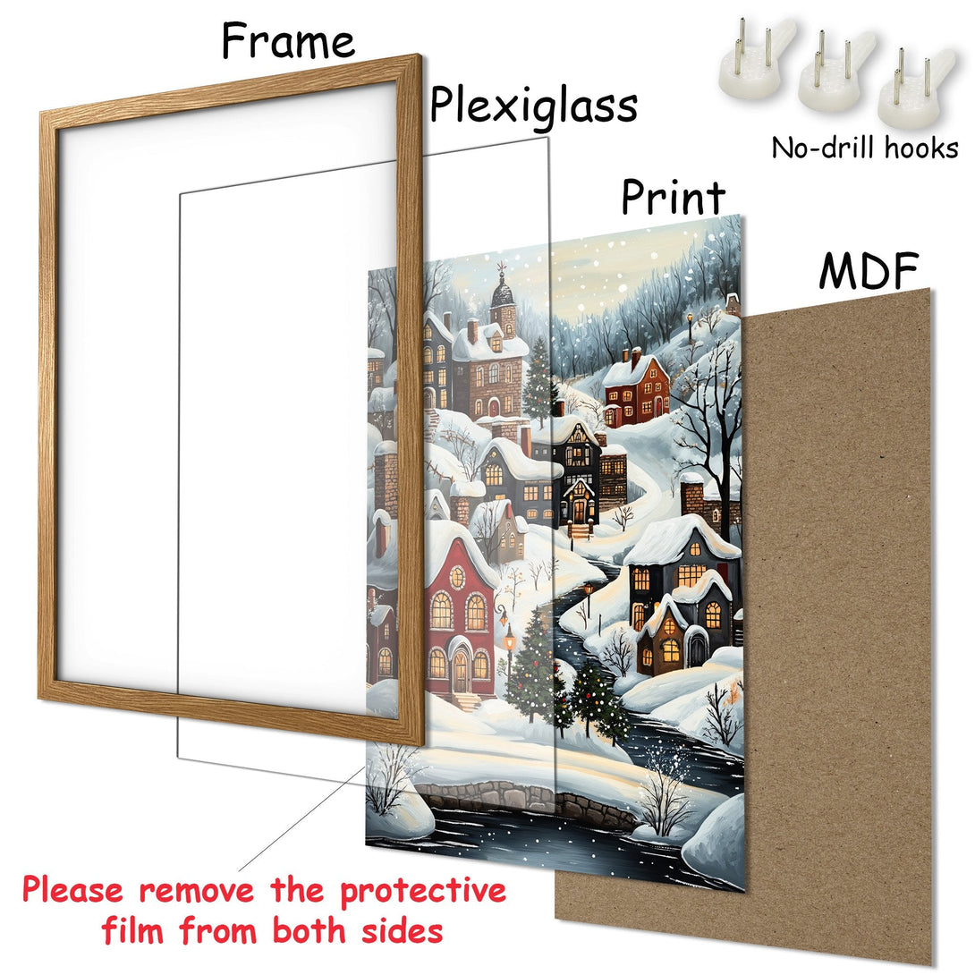 Framed Poster featuring a cozy winter village scene in a warm, inviting color palette. Perfect for adding charm to any space!