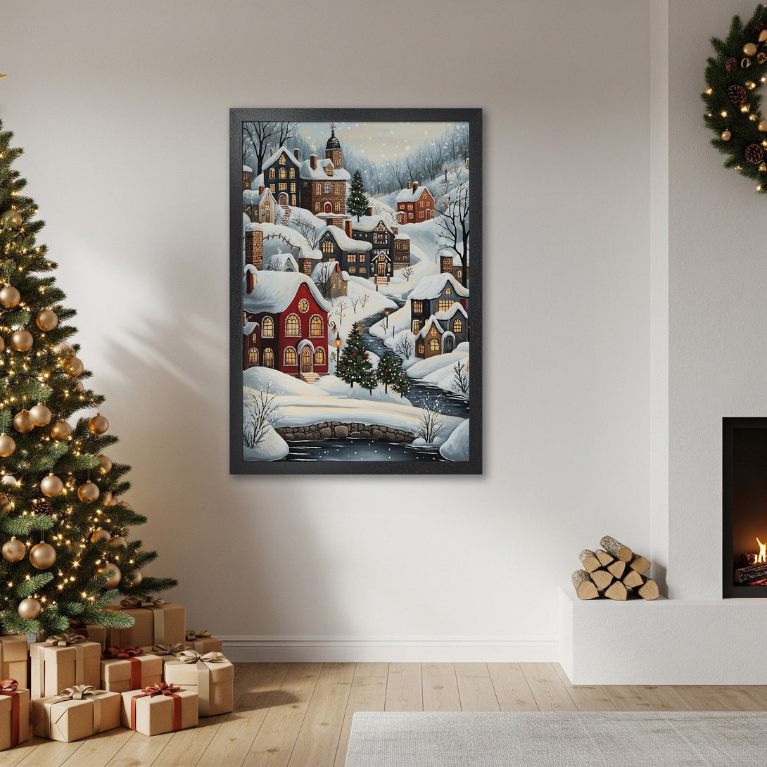 Framed Poster of a snowy village scene in a cozy, illustrative style with a warm, inviting color palette. Perfect holiday decor.