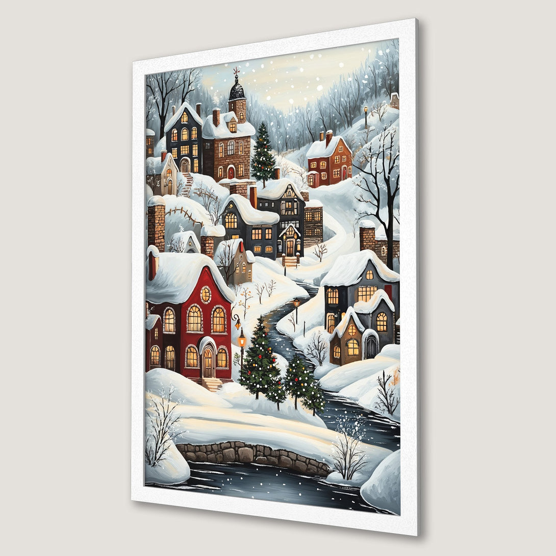 Framed Poster of a charming winter village scene. Watercolor style with a warm, inviting color palette. Perfect holiday decor!