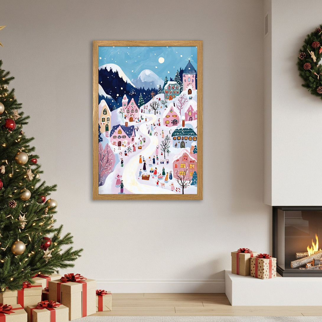 Framed Poster of a whimsical winter village scene in a soft, pastel color palette, perfect for holiday decor.