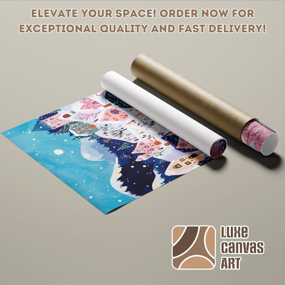 Poster Roll featuring a whimsical winter landscape art print with blue, pink, and white hues.