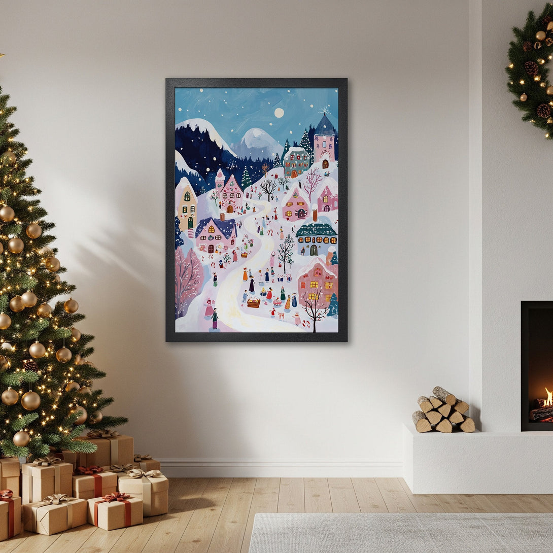 Framed Poster featuring a whimsical winter village scene in a pastel blue, pink, and white color palette. Perfect holiday decor!