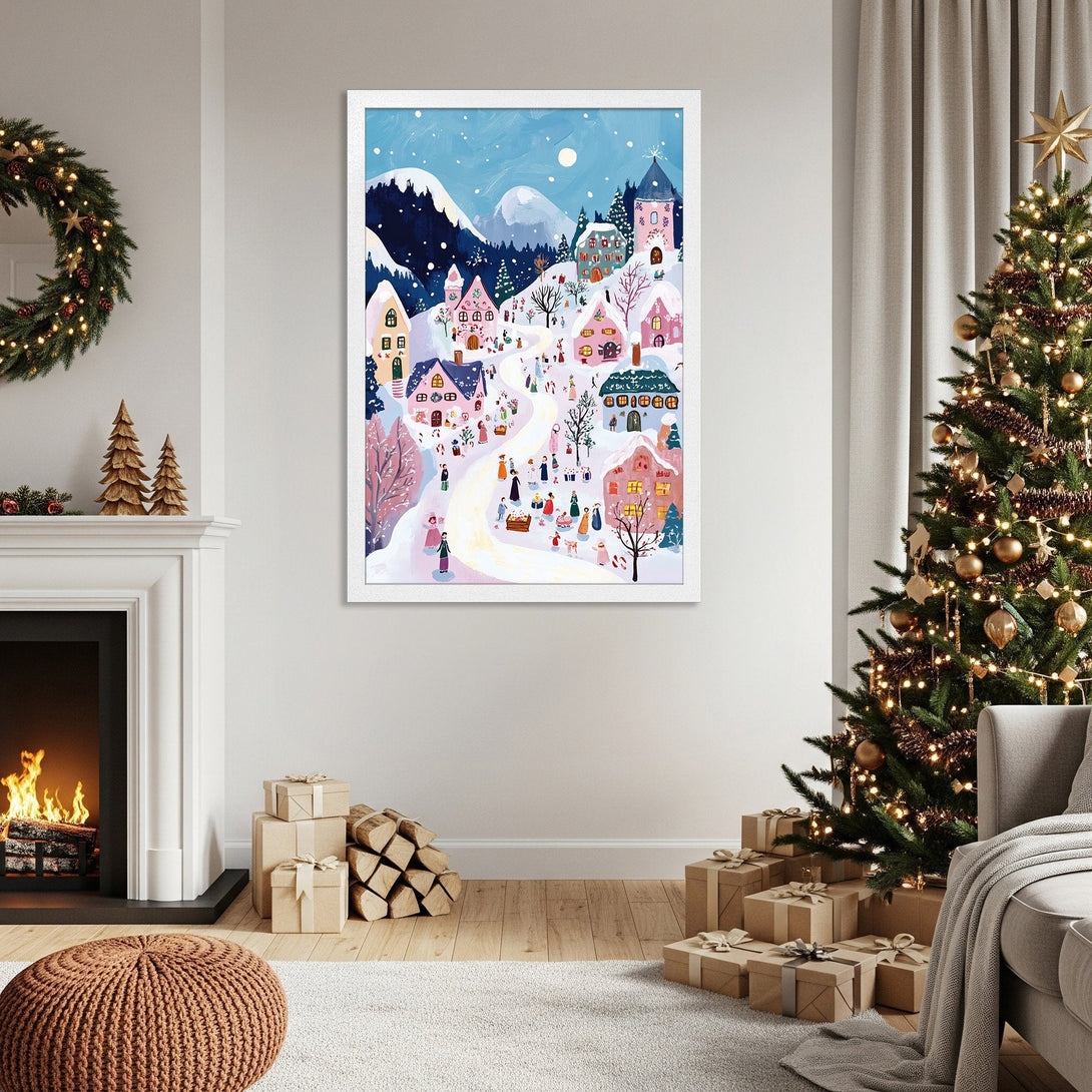 Framed Poster of a whimsical winter village scene in a folk art style with a blue, pink, and white color palette. Perfect holiday decor!
