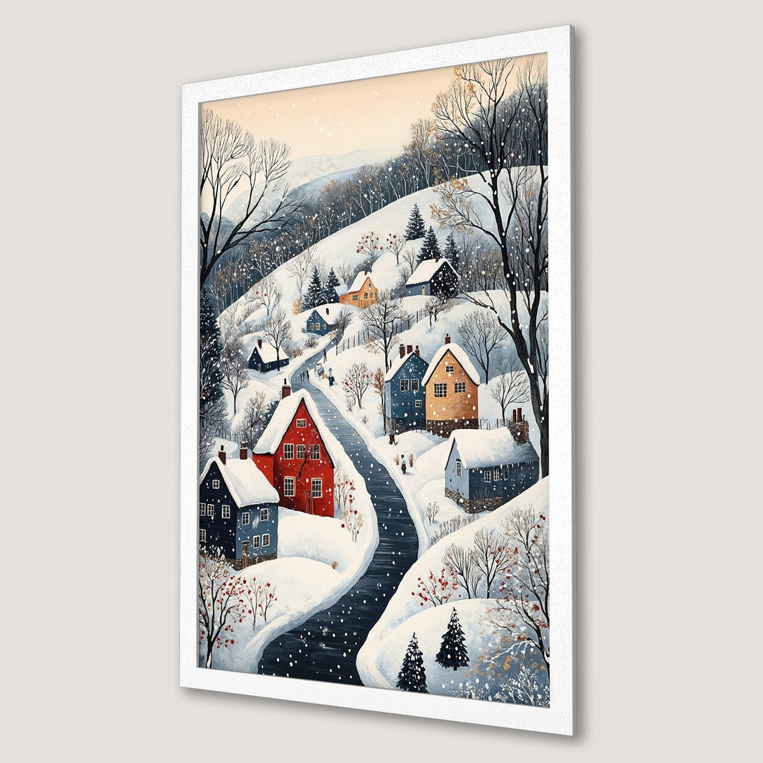 Framed Poster of a winter village scene. Watercolor style with a snowy landscape and a warm color palette. Perfect for cozy decor.
