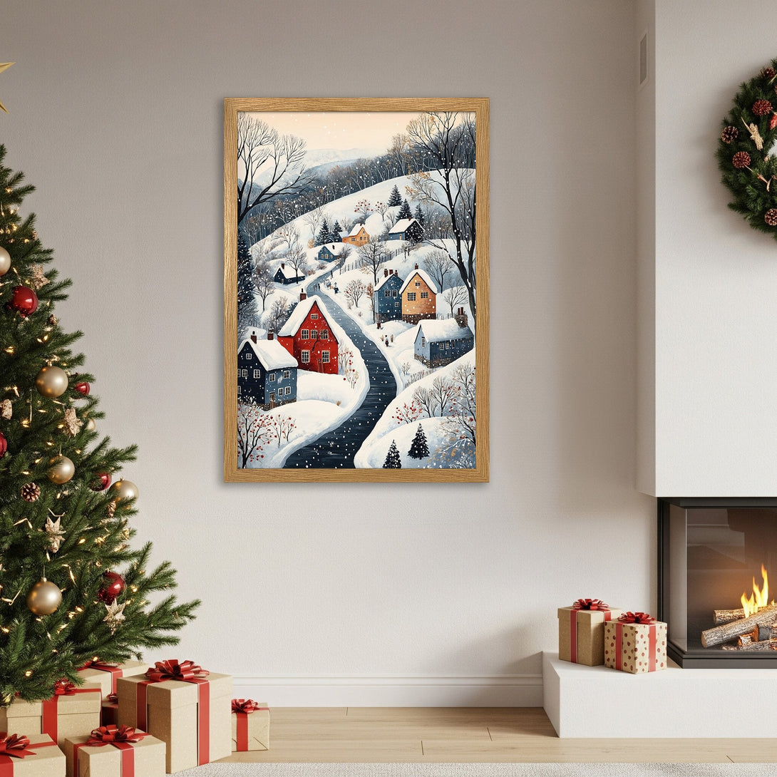 Framed Poster of winter village scene, watercolor style, featuring snow-covered houses. Warm color palette, perfect for holiday decor.