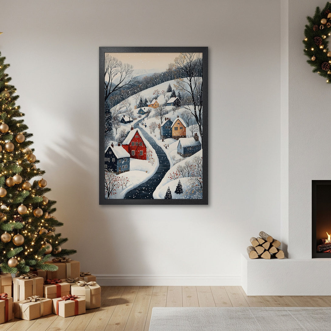 Framed Poster of winter village scene in a watercolor style with a cool, muted color palette. Perfect for holiday decor!