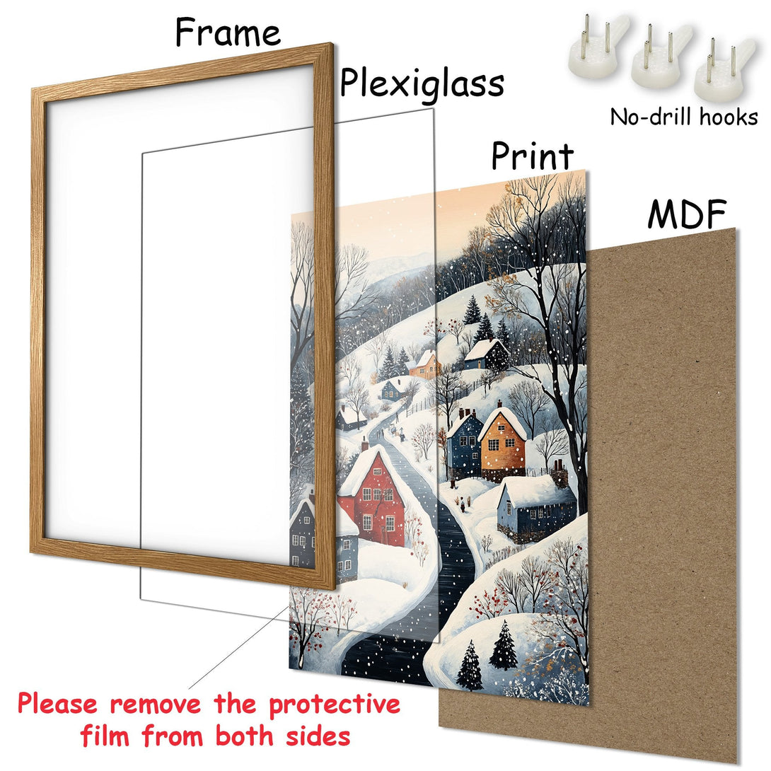 Framed Poster featuring a winter village scene in a warm, inviting color palette. Add cozy charm to your space with this beautiful art print!