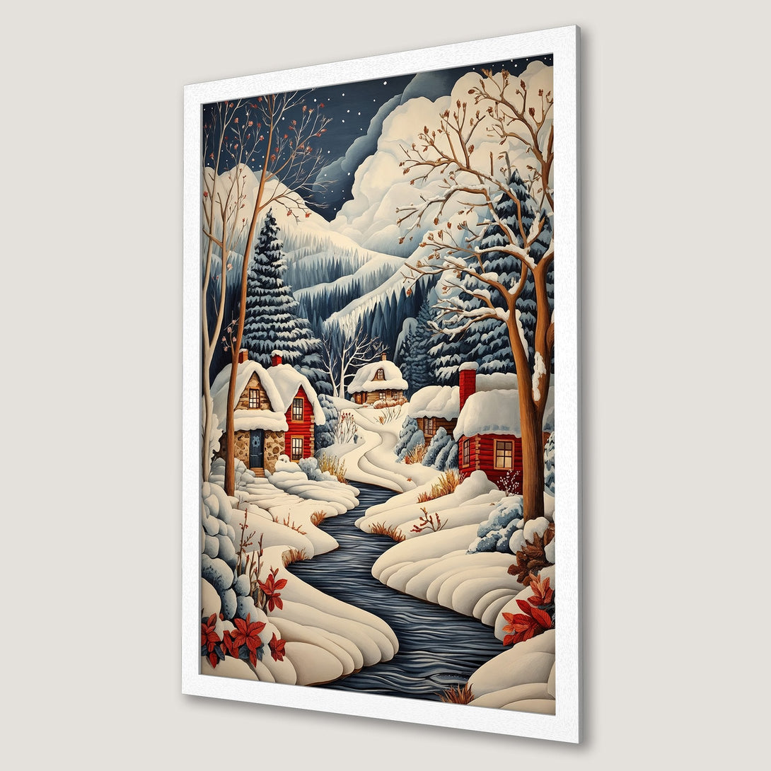 Framed Poster featuring a winter landscape with cozy cabins, a river, and a cool, muted color palette. Perfect for holiday decor!