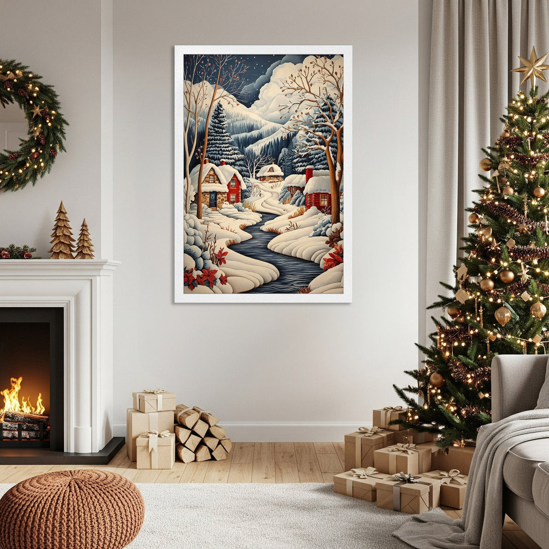 Framed Poster of a winter village scene in a whimsical style with a cool blue and red color palette. Perfect for holiday decor!