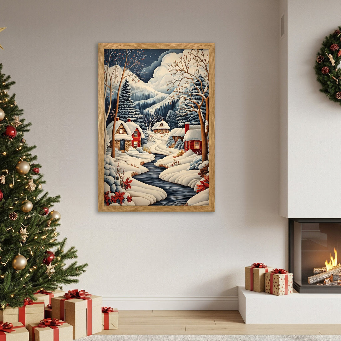 Framed Poster of a winter village scene in a whimsical style with blue, white, and red tones. Perfect holiday decor!
