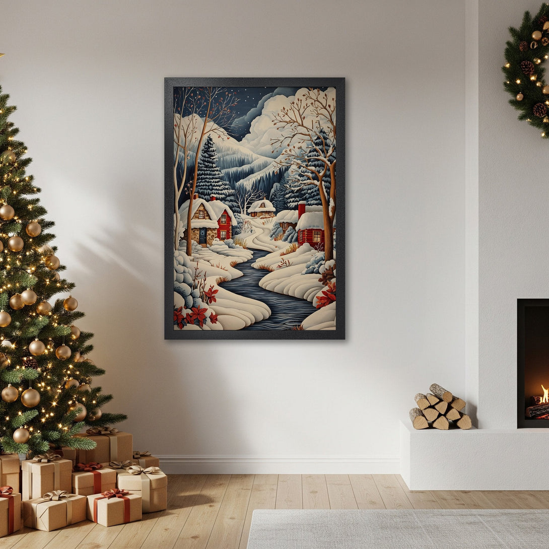 Framed Poster featuring a winter landscape scene with red houses, snowy trees, and a blue river. Cozy, warm color palette. Perfect for holiday decor.