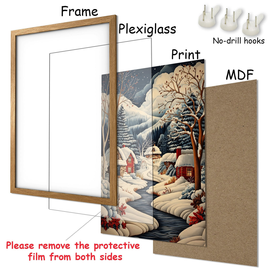 Framed Poster featuring a winter landscape scene with a cool color palette. Cozy art print ready to hang!