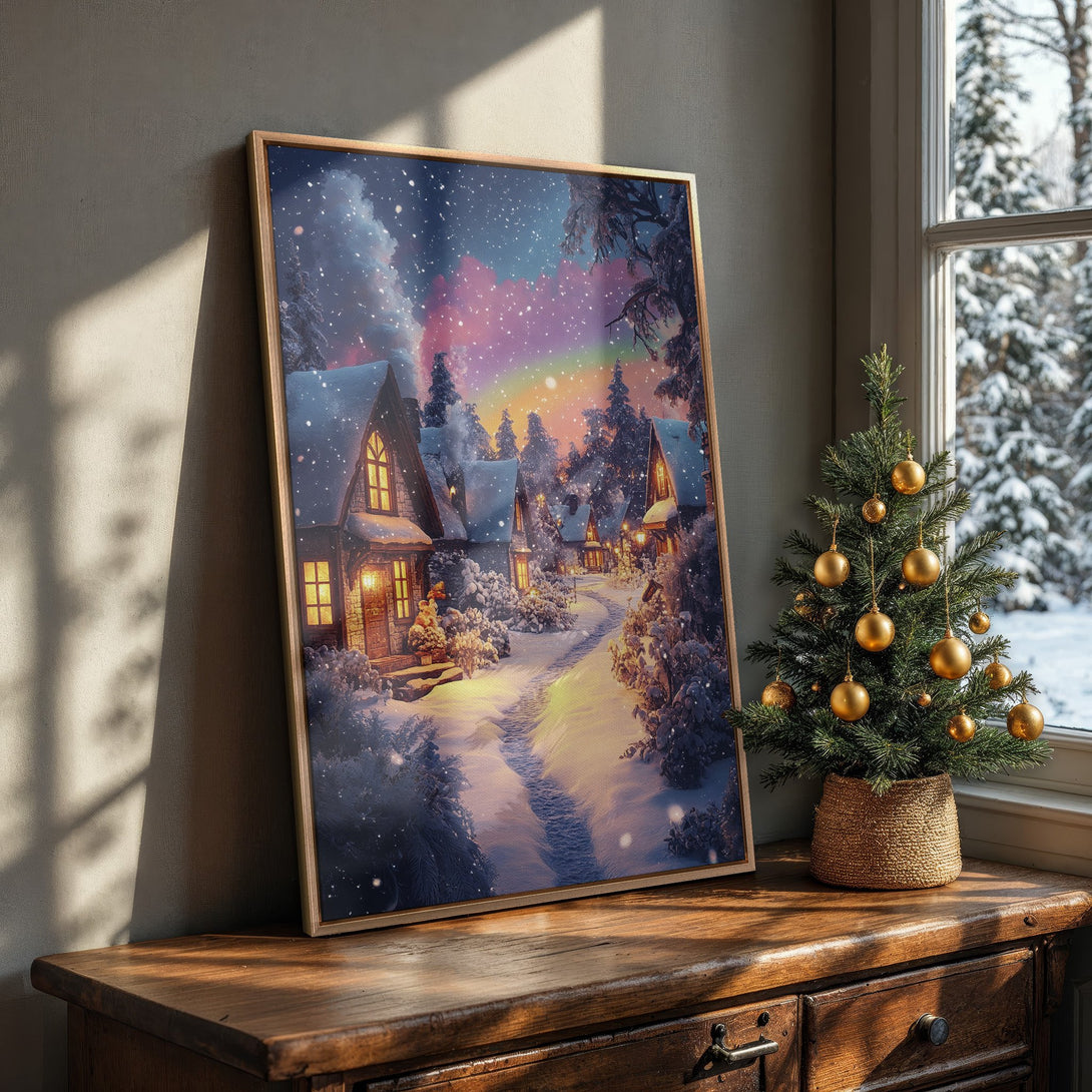Framed Wall Art: Winter village scene Canvas Print with a warm, inviting color palette. Perfect for cozy holiday decor!