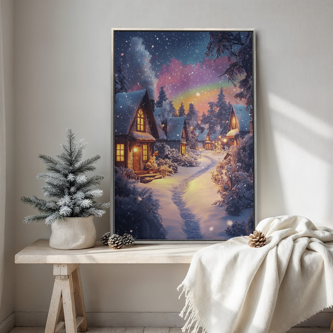 Framed Wall Art: Winter village scene with snow & warm lights. Cozy canvas print in a dreamy, colorful palette. Perfect for holiday decor!