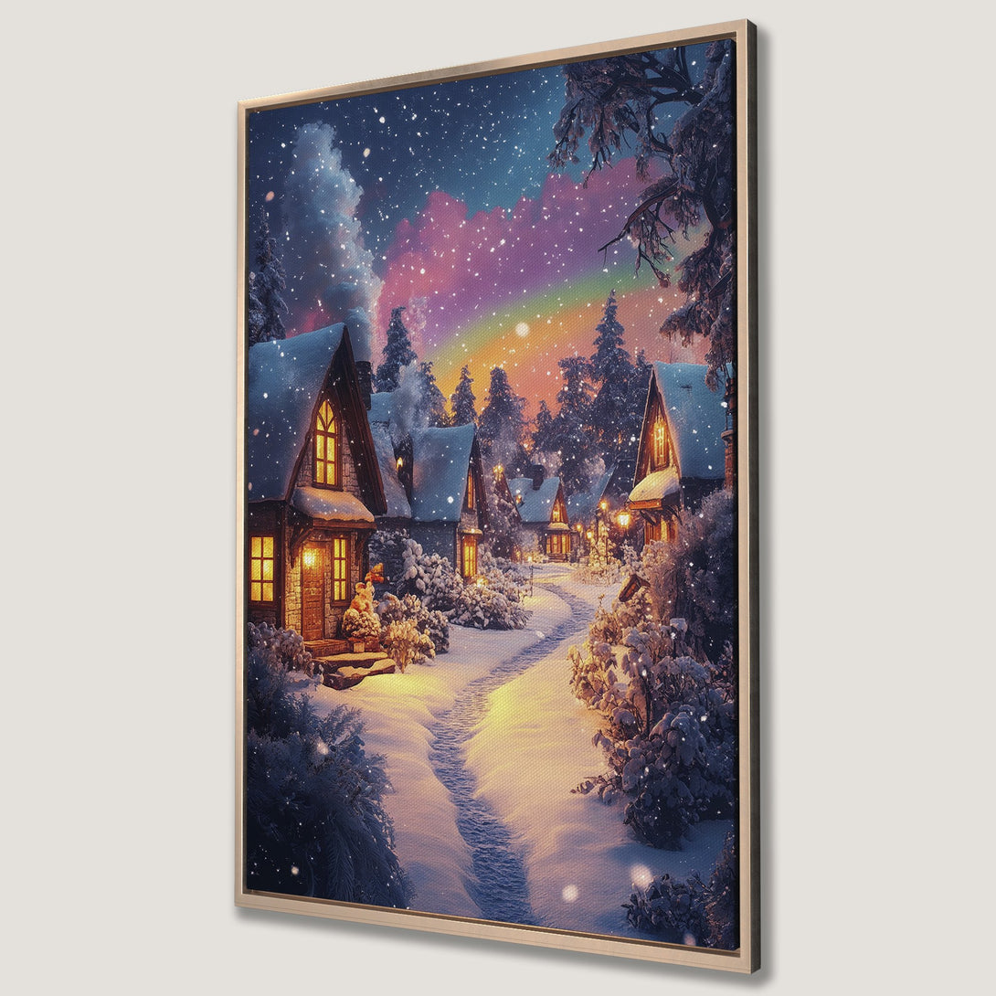 Framed Wall Art of a cozy winter village scene. Warm, inviting colors with a touch of fantasy. Perfect for adding a touch of holiday magic to your home.