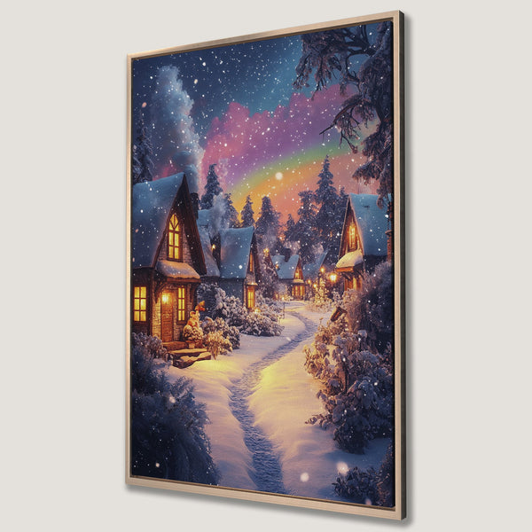 Framed Wall Art of a cozy winter village scene. Warm, inviting colors with a touch of fantasy. Perfect for adding a touch of holiday magic to your home.