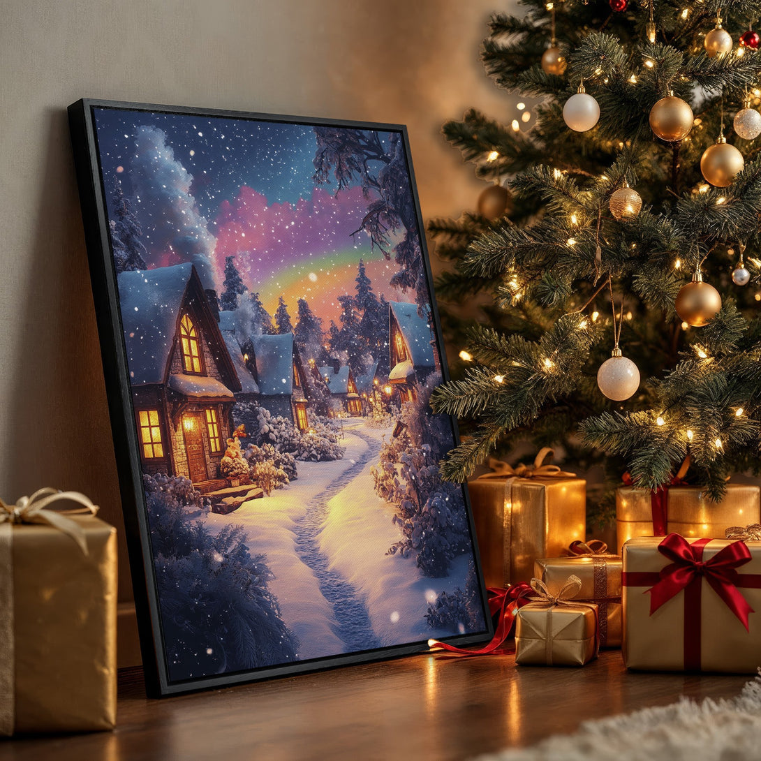 Framed Wall Art: Winter village scene in a snowy landscape with warm, inviting colors. Perfect Christmas decor. Adds cozy charm to any room.