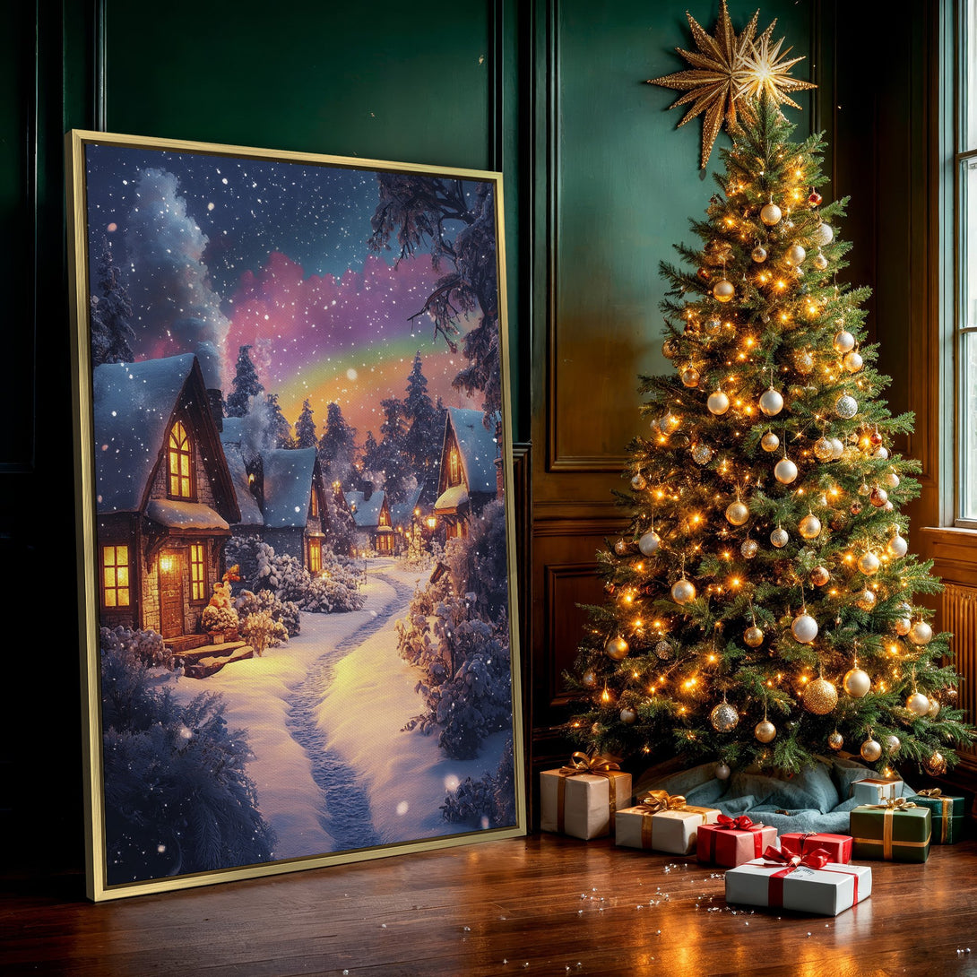 Canvas Print of a snowy village scene with warm, inviting lights. Features a whimsical, fairytale style with a dreamy, colorful sky palette.